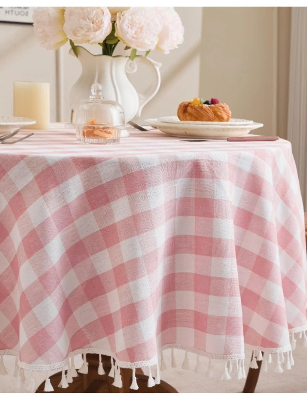 Gingham Checkered Tablecloth with Tassel Trim Cotton Linen Blend 60”Round - PINK